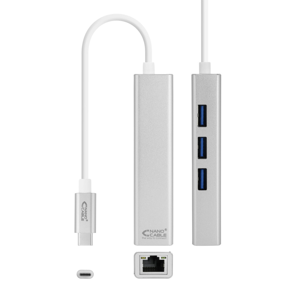 CONVERTIDOR USB-C A ETHERNET GIGABIT + 3XUSB 3.0 PLATA 15 CM NANOCA 10.03.0404