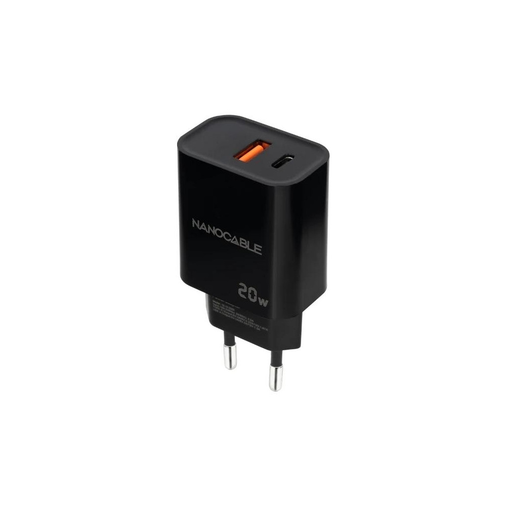 CARGADOR USB-C/PD + USB-A/QC 20W NEGRO NANOCABLE 10.10.2008