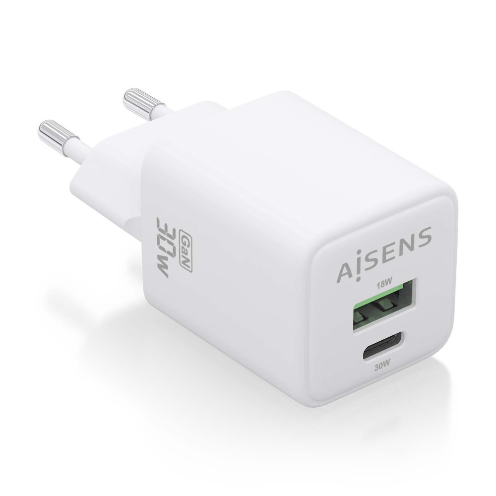 CARGADOR GAN 30W 1xUSB-C PD3.0 QC4.0 1xUSB-A QC3.0 BLANCO AISENS ASCH-30W2P037-W