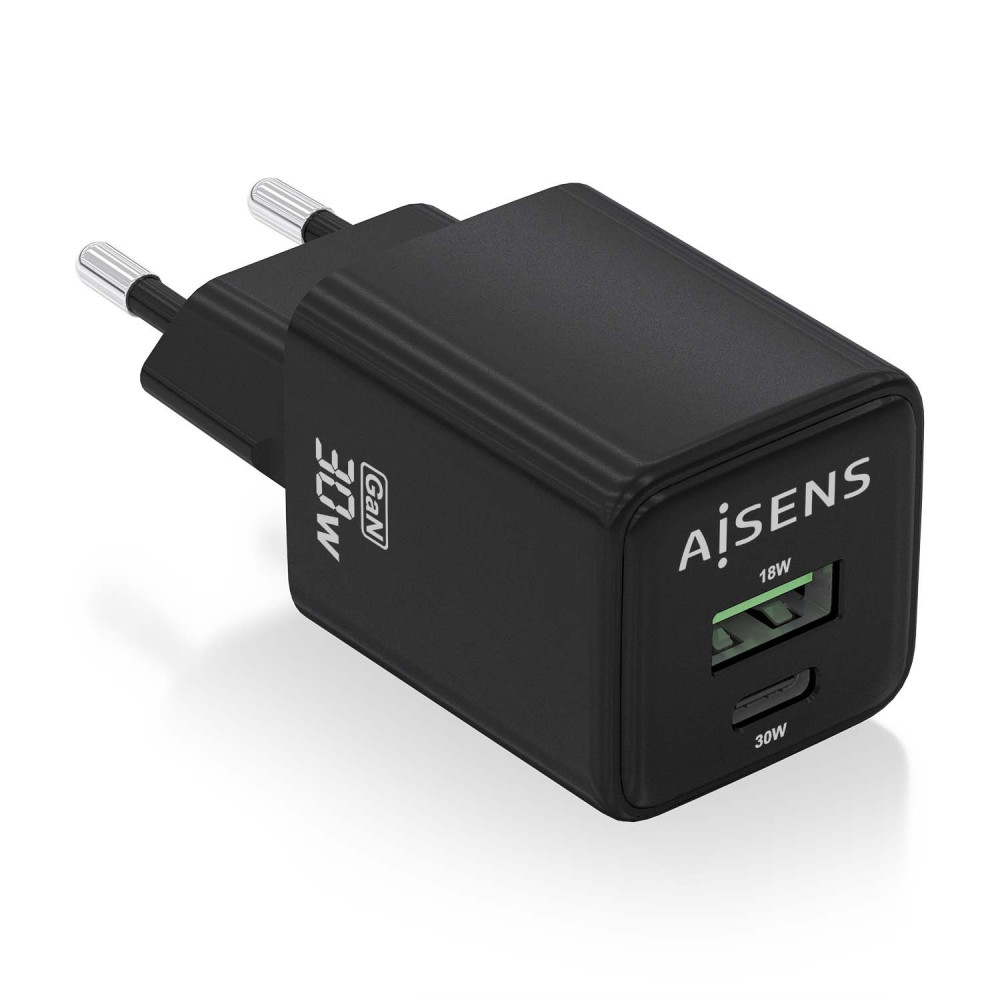 CARGADOR GAN 30W 1xUSB-C PD3.0 QC4.0 1xUSB-A QC3.0 NEGRO AISENS ASCH-30W2P038-BK