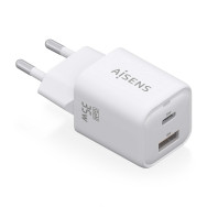 CARGADOR GAN 35W 1xUSB-C PD3.0 QC4.0 1xUSB-A QC3.0 BLANCO AISENS ASCH-35W2P024-W