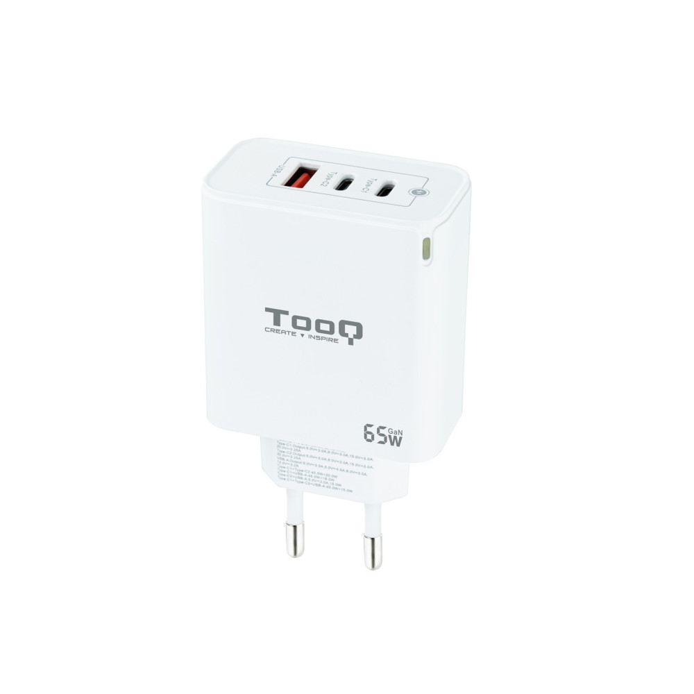 CARGADOR USB-C TOOQ PARED GAN 2USB-C/PD + USB-A/QC 65W TQWC-GANQC2PD65WT