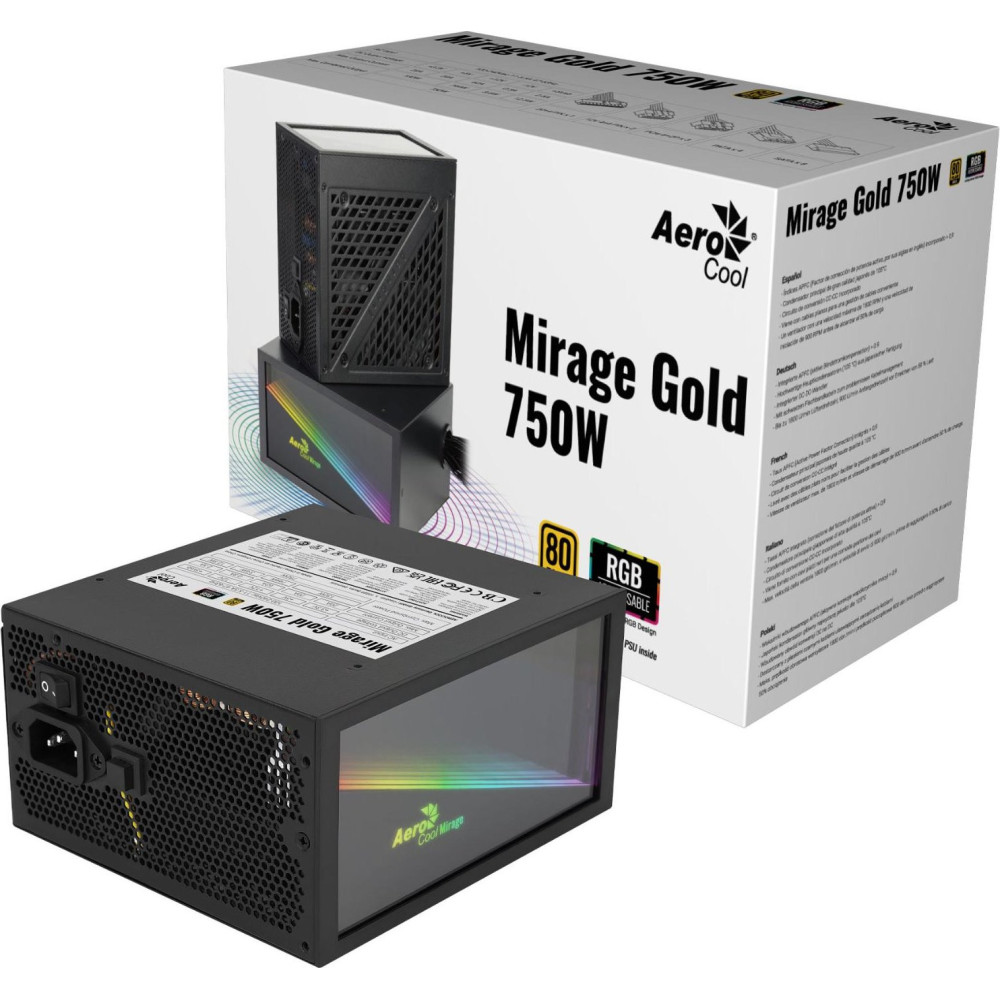 FUENTE DE ALIMENTACION 750W AEROCOOL MIRAGE GOLD 750 RGB LED 80 PLUS GOLD