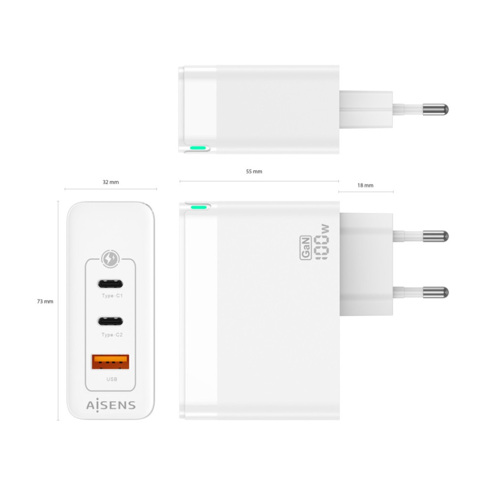 CARGADOR 100W 2USB-C PD3.0 QC4.0 QC5.0 USBA QC3.0 BLANCO AISENS ASCH-100W3P008-W