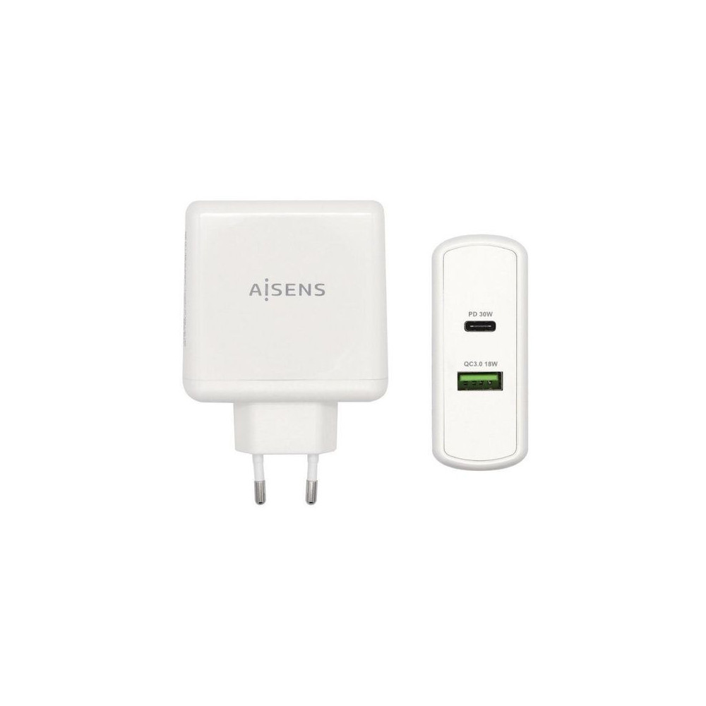 CARGADOR 48W 1xUSB-C PD3.0 30W 1xUSB-A QC3.0 18W BLANCO AISENS ASCH-2PD30QC-W