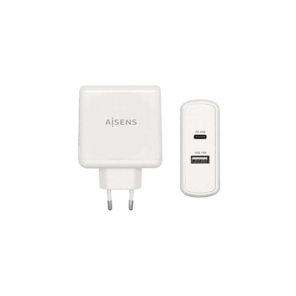 CARGADOR 57W 1xUSB-C PD3.0 45W 1xUSB-A 5V/2.4A 12W BLANCO AISENS ASCH-2PD45A-W