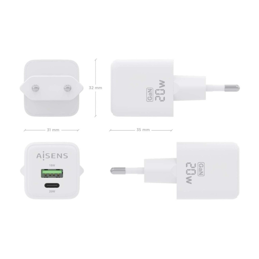 CARGADOR GaN 20W 1xUSB-C PD3.0 QC4.0 1xUSB-A QC3.0 BLANCO AISENS ASCH-20W2P010-W