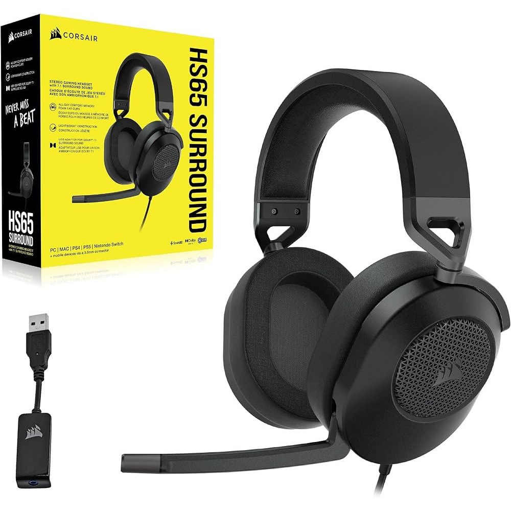 AURICULARES + MICROFONO CORSAIR HS65 USB GAMING HEADSET RGB 7.1 BLACK