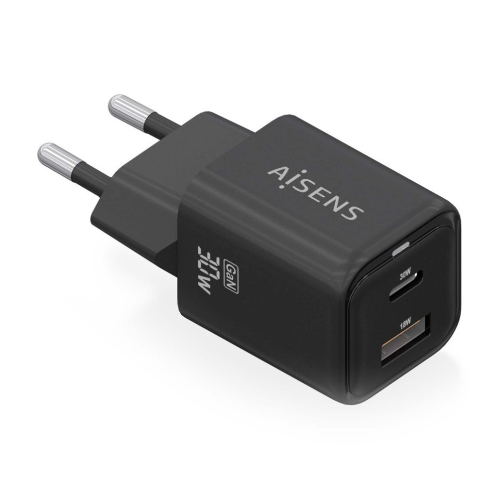 CARGADOR GAN 30W 1xUSB-C PD3.0 QC4.0 1xUSB-A QC3.0 NEGRO AISENS ASCH-30W2P021-BK