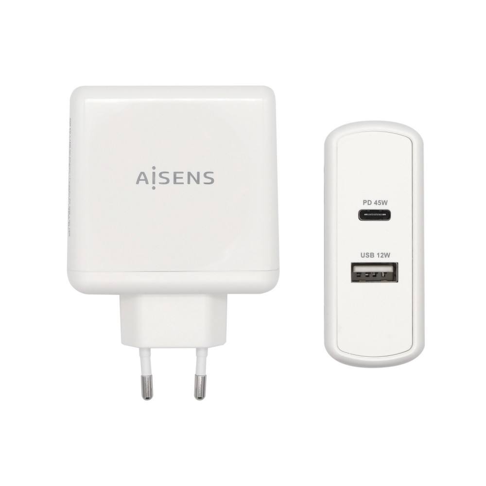 CARGADOR 57W 1xUSB-C PD3.0 45W 1xUSB-A 5V 2.4A 12W BLANCO AISENS ASCH-2PD45A-W