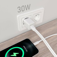 CARGADOR GAN 30W 1xUSB-C PD3.0 QC4.0 1xUSB-A QC3.0 BLANCO AISENS ASCH-30W2P037-W