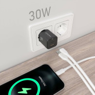 CARGADOR GAN 30W 1xUSB-C PD3.0 QC4.0 1xUSB-A QC3.0 NEGRO AISENS ASCH-30W2P021-BK
