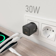 CARGADOR GAN 30W 1xUSB-C PD3.0 QC4.0 1xUSB-A QC3.0 NEGRO AISENS ASCH-30W2P021-BK