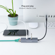 CONVERSOR USB 3.0 ETHERNET GB+3xUSB3.0 GRIS 15 CM NANOCABLE 10.03.0407