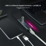 CONVERSOR USB-C ETHERNET GB +3xUSB3.0 GRIS 15 CM NANOCABLE 10.03.0408