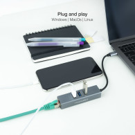 CONVERSOR USB-C ETHERNET GB +3xUSB3.0 GRIS 15 CM NANOCABLE 10.03.0408