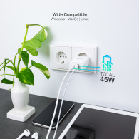 CARGADOR USB-C TOOQ PARED GAN USB-C PD + USB-A QC 45W TQWC-GANQCPD45WT