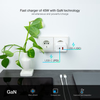 CARGADOR USB-C TOOQ PARED GAN USB-C PD + USB-A QC 45W TQWC-GANQCPD45WT