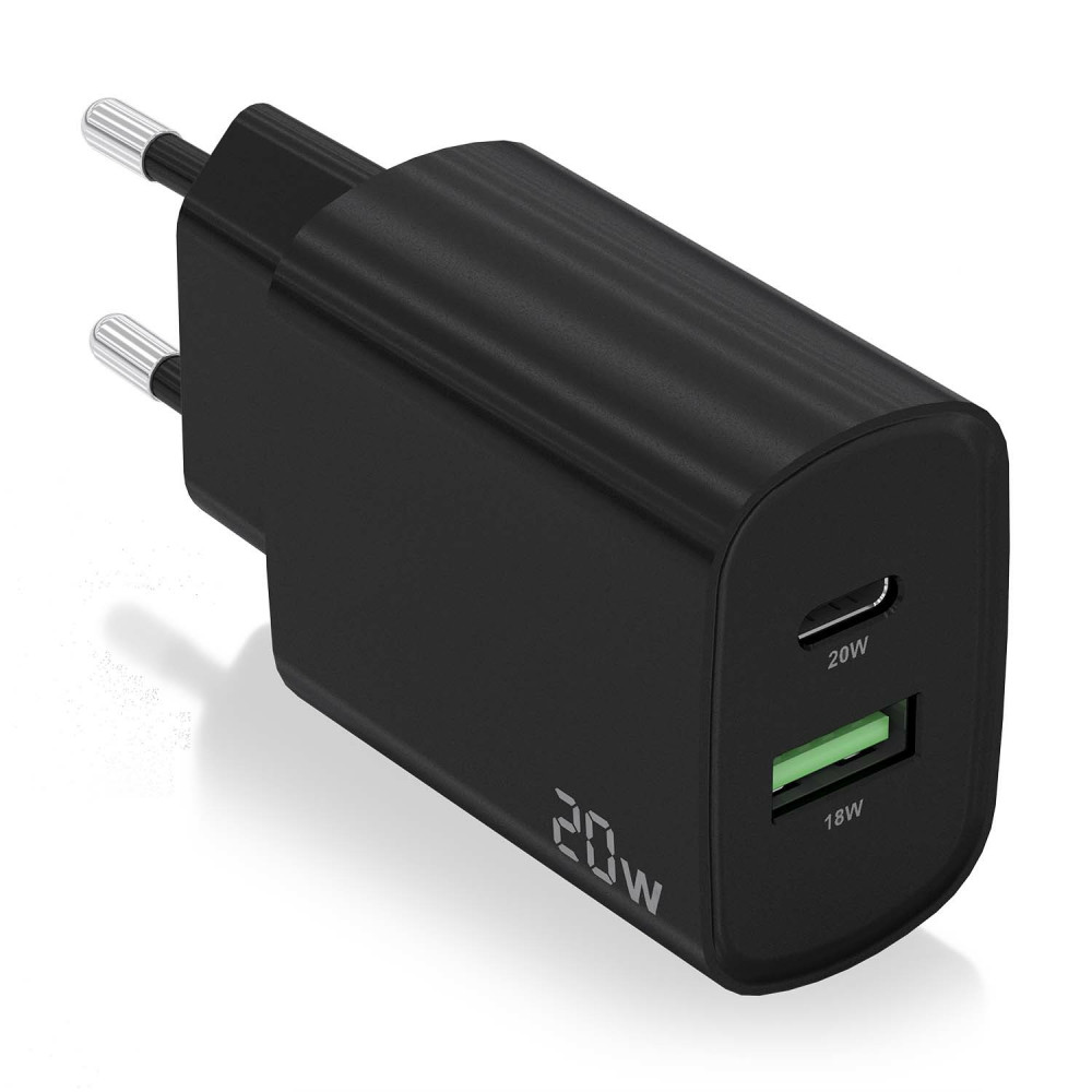 CARGADOR 20W 1xUSB-C PD3.0 1xUSB-A QC3.0 NEGRO AISENS A110-0755