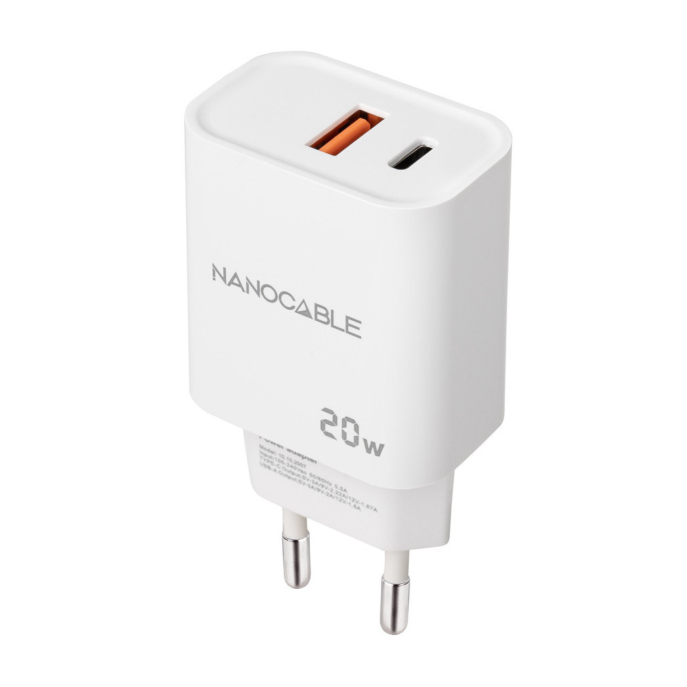 CARGADOR USB-C PD + USB-A QC 20W BLANCO NANOCABLE 10.10.2007