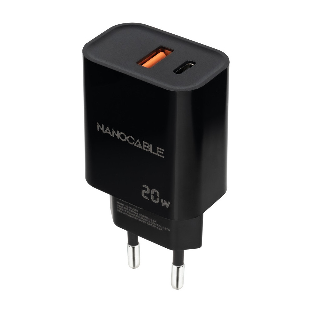 CARGADOR USB-C PD + USB-A QC 20W NEGRO NANOCABLE 10.10.2008