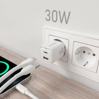 CARGADOR GAN 30W 1xUSB-C PD3.0 QC4.0 1xUSB-A QC3.0 BLANCO AISENS ASCH-30W2P020-W
