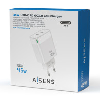 CARGADOR GaN 45W 2xUSB-C PD3.0 QC4.0 BLANCO AISENS ASCH-45W2P005-W