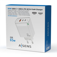 CARGADOR GaN 65W 2xUSB-C PD3.0 QC4.0 1xUSB-A QC3.0 BLANCO AISENS ASCH-65W3P007-W