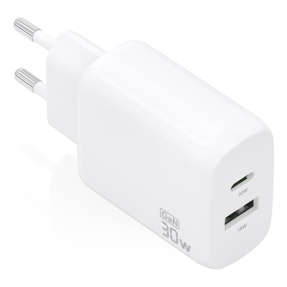CARGADOR GAN 30W 1xUSB-C PD3.0 QC4.0 1xUSB-A QC3.0 BLANCO AISENS A110-0923