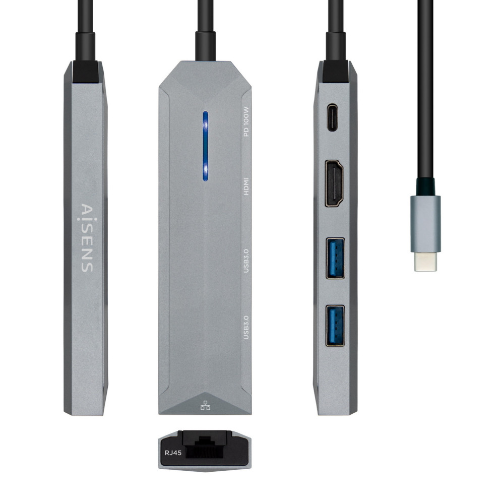 DOCK AISEN USB-C 5 EN 1 USB-C A 1xHDMI 1xRJ45 2xUSB 1xPD GRIS15CM ASUC-5P003-GR