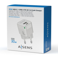 CARGADOR GaN 30W 1xUSB-C PD3.0 QC4.0 1xUSB-A QC3.0 BLANCO AISENS ASCH-30W2P004-W