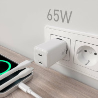 CARGADOR GAN 65W 2xUSB-C PD3.0 QC4.0 BLANCO AISENS ASCH-65W2P039-W