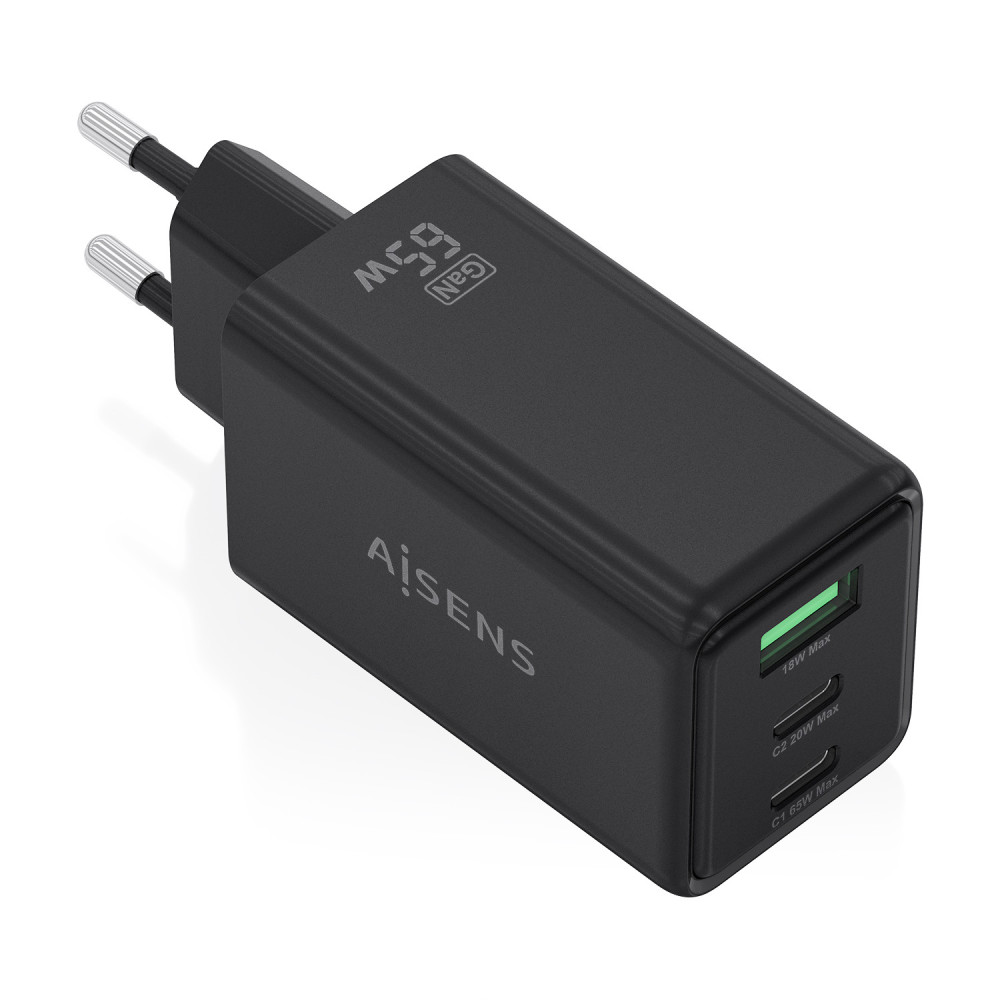 CARGADOR GAN 65W 2USBC PD3.0 QC4.0 1USB-A QC3.0 NEGRO AISENS ASCH-65W3P073-BK