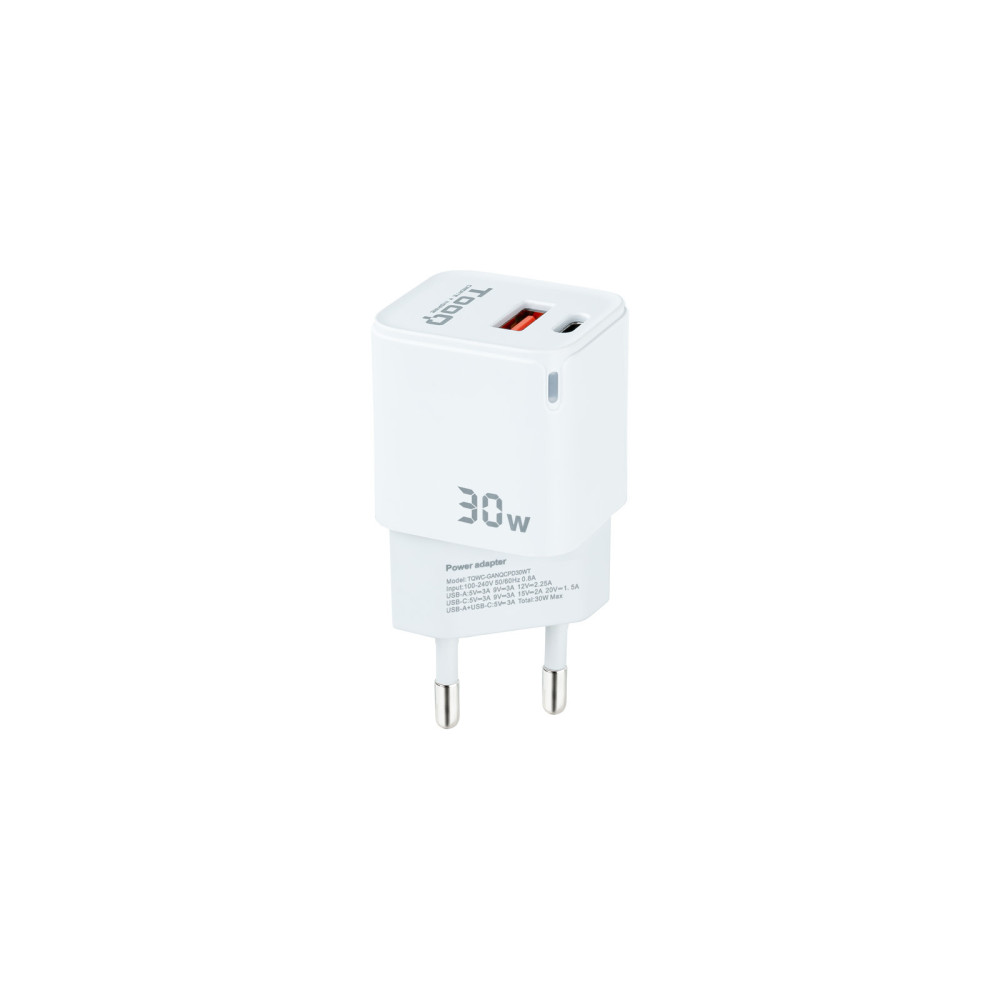 CARGADOR USB-C TOOQ PARED GAN USB-C PD + USB-A QC 30W TQWC-GANQCPD30WT