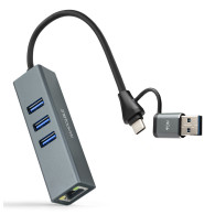 CONVERSOR USB-C A RJ45 CON ADAP 3XUSB-AM 100MBPS 15 CM GRIS NANOCABLE 10.03.0412
