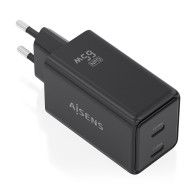 CARGADOR GaN 65W 2xUSB-C PD3.0 QC4.0 NEGRO AISENS ASCH-65W2P079-BK