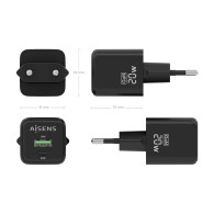 CARGADOR GaN 20W 1xUSB-C PD3.0 QC4.0 1xUSB-A QC3.0 NEGRO AISENS ASCH-20W2P011-BK