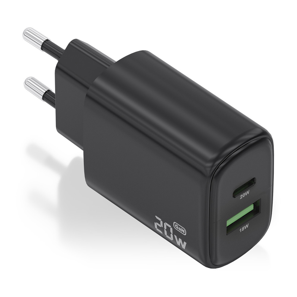 CARGADOR GaN 20W 1xUSB-C PD3.0 1xUSB-A QC3.0 NEGRO AISENS A110-0910